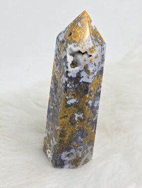 Orbicular Ocean Jasper Tower Druzy Crystal Point 3.59” Rare Pattern Statement